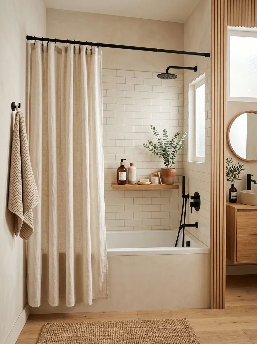 Real-life photograph of a bathroom with an off-white linen shower curtain hanging on a wooden or matte black rod, neatly arranged shower essentials on a small shelf, organized and clean minimalist layout, bright natural light casting soft shadows, warm vibrant neutral tones, cozy Japandi bathroom interior, Pinterest-style stock photography, no people.