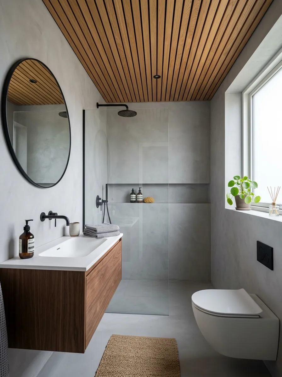 Real-life photograph of a bathroom with smooth soft gray microcement walls and slatted wood ceiling panels above, neatly arranged minimalist fixtures, clean and organized composition, bright natural light highlighting the wood grain, warm vibrant contrast between cement and timber, modern Japandi bathroom interior, Pinterest-style stock photography, no people.