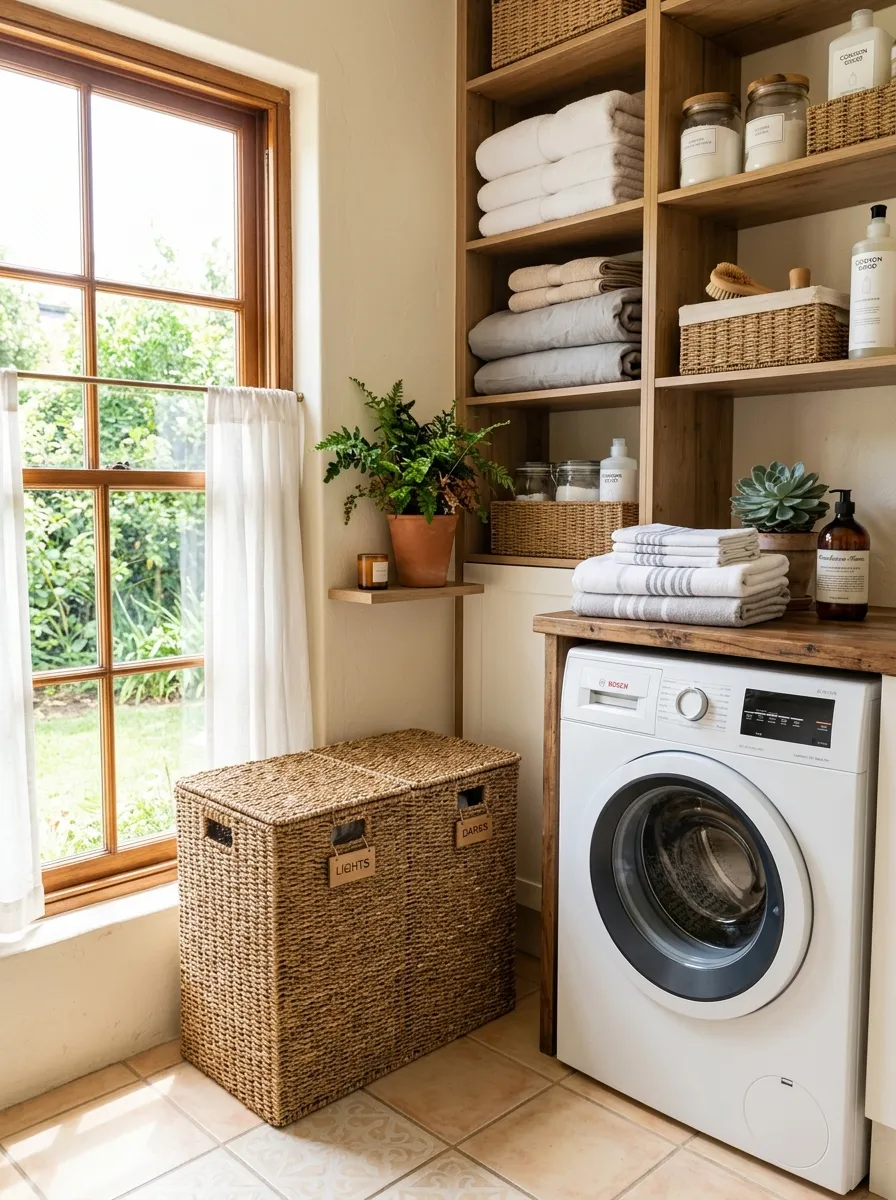 A real-life photo of a cozy laundry room corner with a woven seagrass double hamper neatly placed beside a washing machine, beautifully arranged folded towels nearby, organized shelves with clean linens, bright natural light streaming through a window, warm earthy tones, clean and tidy space, stock photography style, no people.