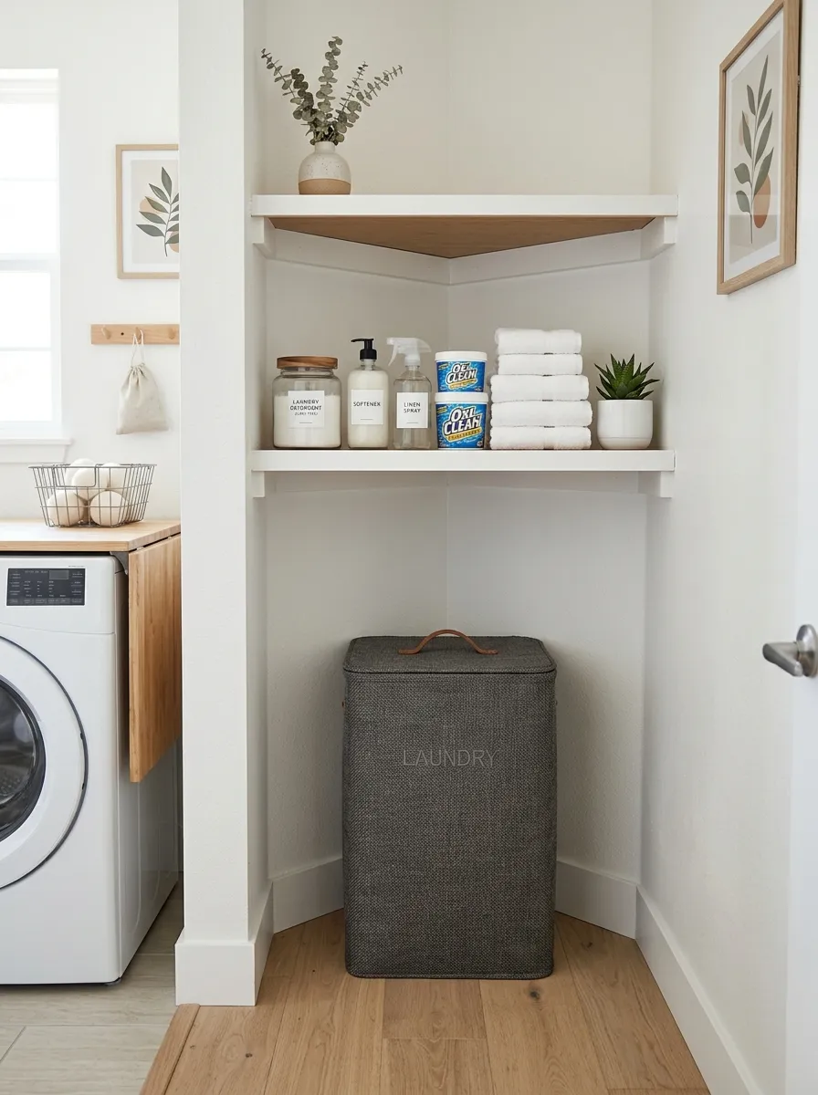 A real-life photo of a tall laundry hamper fitted neatly into a corner nook beneath a built-in shelf holding organized detergent bottles and folded towels, bright natural light, clean white walls, beautifully arranged and functional laundry room corner, vibrant accents, stock photography style, no people.