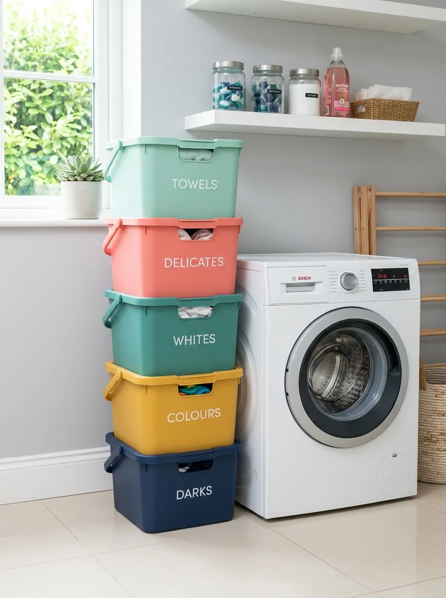 A real-life photo of stackable modular laundry hamper bins neatly arranged in a colorful tower beside a washing machine, beautifully organized in a bright laundry room, clean floor, bright natural light, vibrant color-blocked bins, stock photography style, no people.