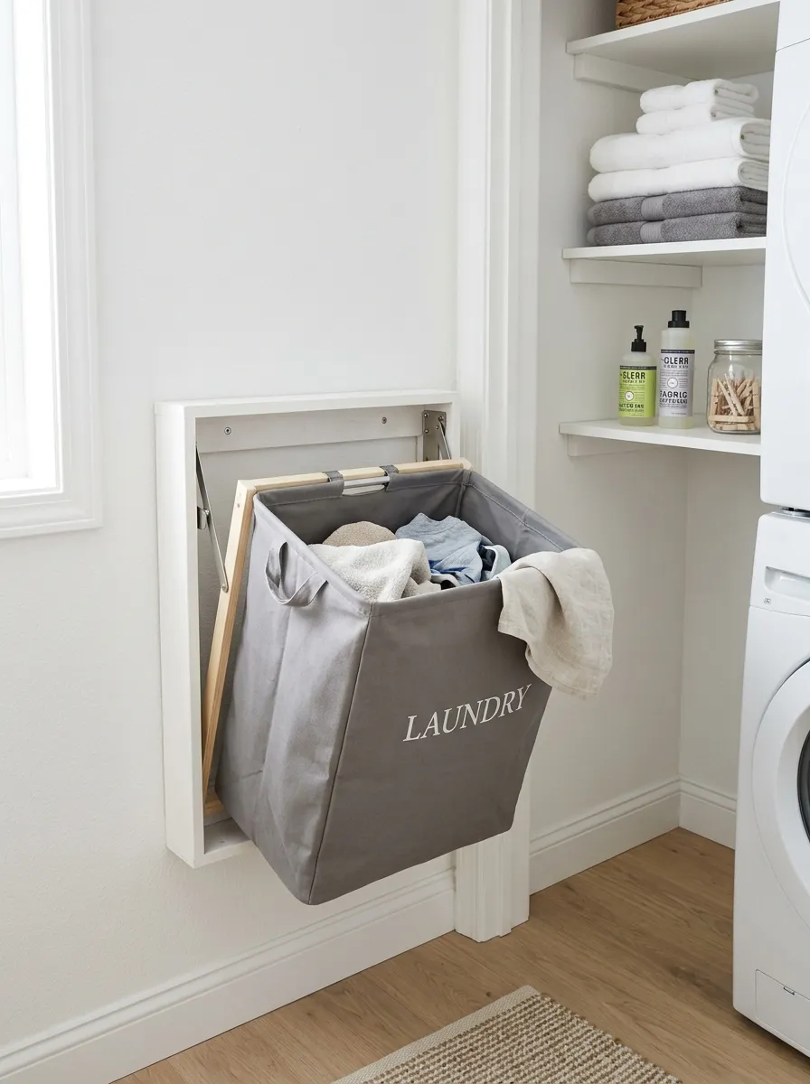 A real-life photo of a fold-down wall-mounted laundry hamper bag neatly open in a small bright laundry closet, clean white wall, organized shelf nearby with folded towels, bright natural light, tidy and space-saving setup, stock photography style, no people.