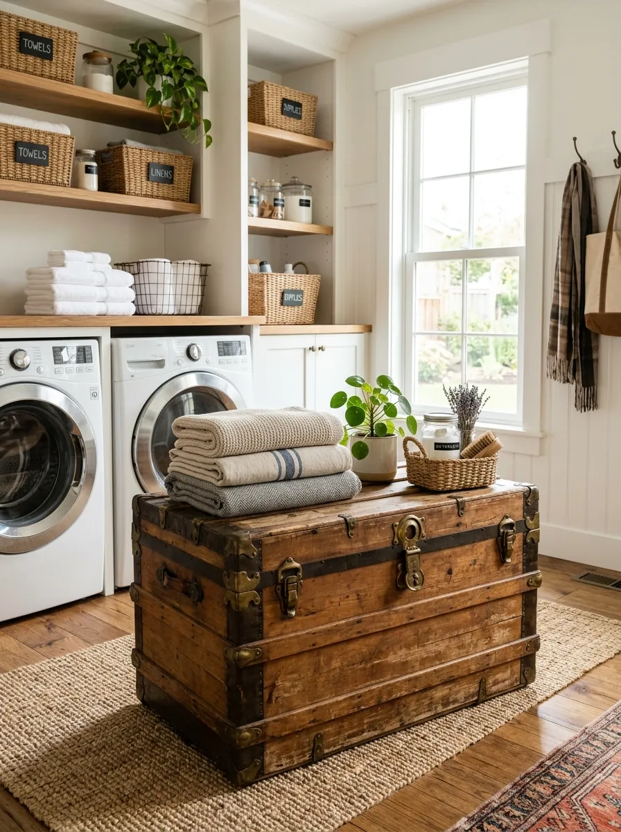A real-life photo of a vintage wooden trunk used as a hidden laundry hamper in a bright organized mudroom-style laundry space, neatly folded blankets on top, brass hardware details, bright natural light, warm vibrant tones, beautifully arranged, stock photography style, no people.