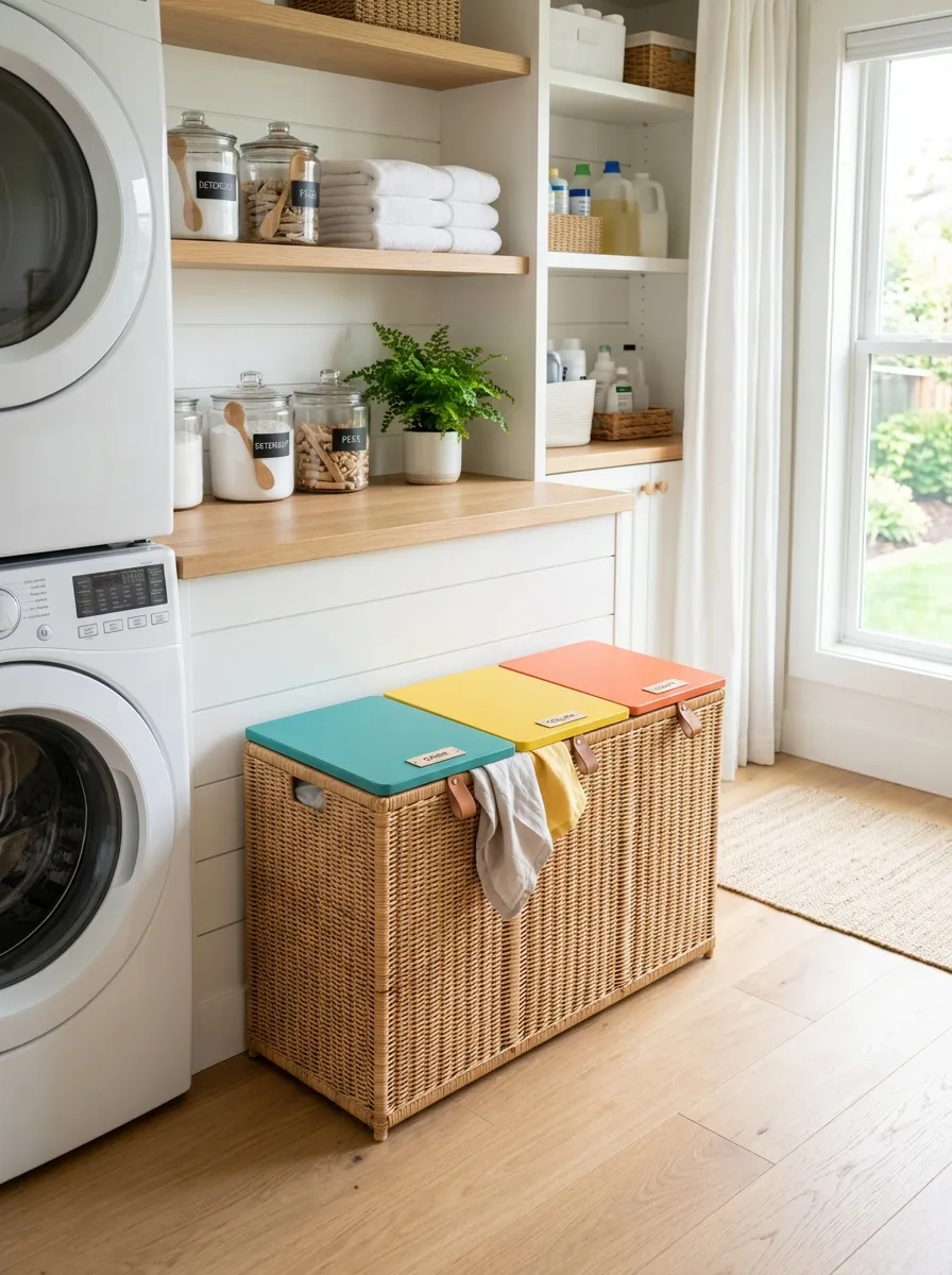 A real-life photo of a rattan laundry hamper set with three vibrant color-coded lids, neatly arranged in a bright, organized laundry room, clean natural wood tones, bright natural light, beautifully arranged and family-friendly setup, stock photography style, no people.