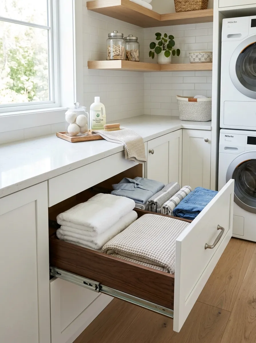 A real-life photo of an under-counter slide-out laundry hamper drawer pulled open beneath a clean folding counter, neatly folded laundry visible inside, bright natural light, organized and streamlined laundry room, beautifully arranged, stock photography style, no people.