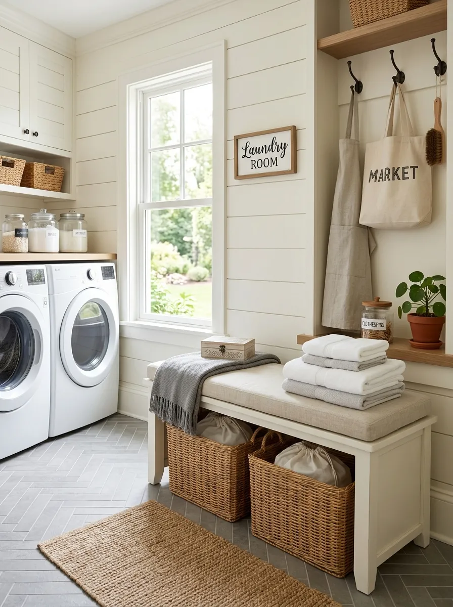 A real-life photo of a cushioned laundry hamper bench neatly placed in a bright organized mudroom-style laundry space, folded towels stacked nearby, clean floor, bright natural light, beautifully arranged and cozy setup, stock photography style, no people.