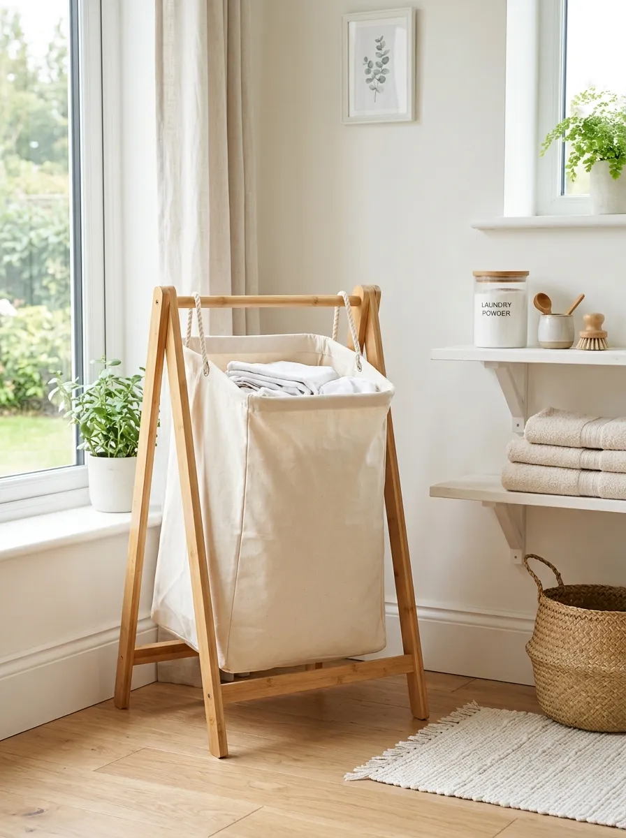 A real-life photo of a bamboo A-frame laundry hamper stand with a neatly hung liner bag in a bright, minimal laundry corner, clean natural wood tones, bright natural light, organized and calm atmosphere, stock photography style, no people.