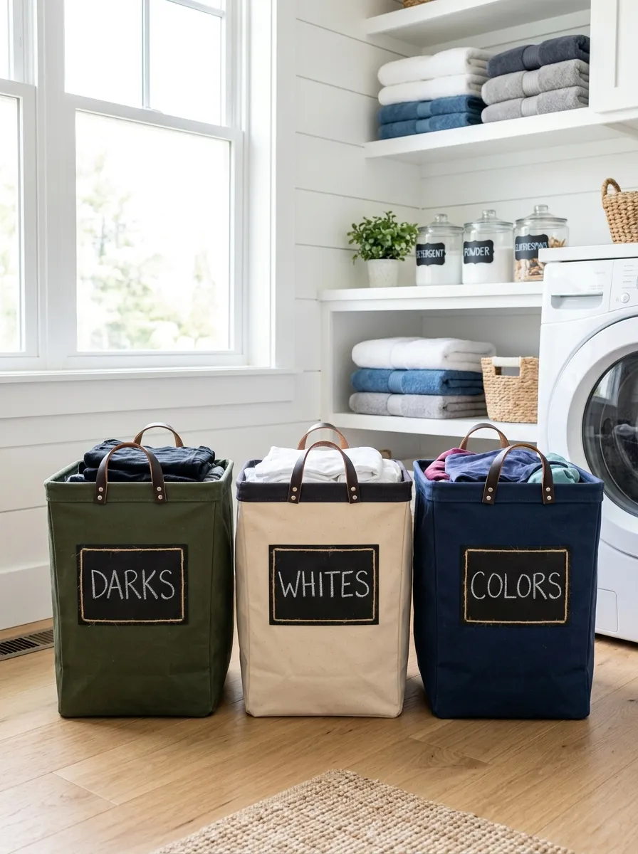 A real-life photo of three canvas laundry hampers with chalkboard label patches neatly arranged in a bright, organized laundry room, handwritten names visible, clean floor, bright natural light, vibrant fabric colors, beautifully arranged, stock photography style, no people.