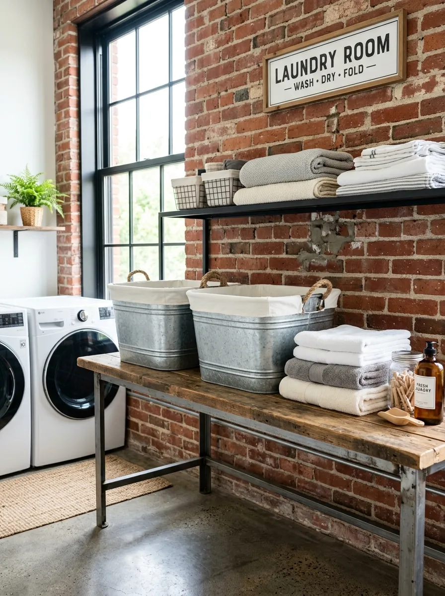 A real-life photo of two galvanized metal tub laundry hampers neatly arranged side by side in a bright industrial-style laundry room, exposed brick wall in the background, folded towels nearby, bright natural light, beautifully organized, stock photography style, no people.