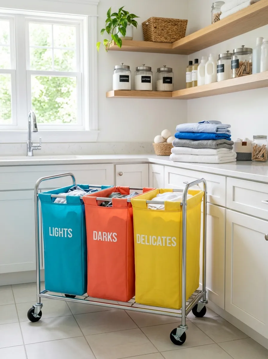 A real-life photo of a rolling canvas laundry hamper cart with three labeled fabric bins standing in a bright, organized laundry room, neatly folded clothes stacked beside it, clean tile floor, bright natural light, vibrant colored fabric bins, beautifully arranged space, stock photography style, no people.