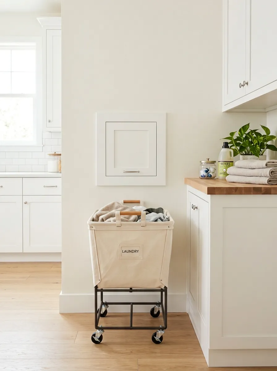 A real-life photo of a rolling laundry hamper basket positioned neatly beneath a wall laundry chute in a bright, organized laundry room, clean floor, bright natural light, tidy and functional setup, beautifully arranged, stock photography style, no people.