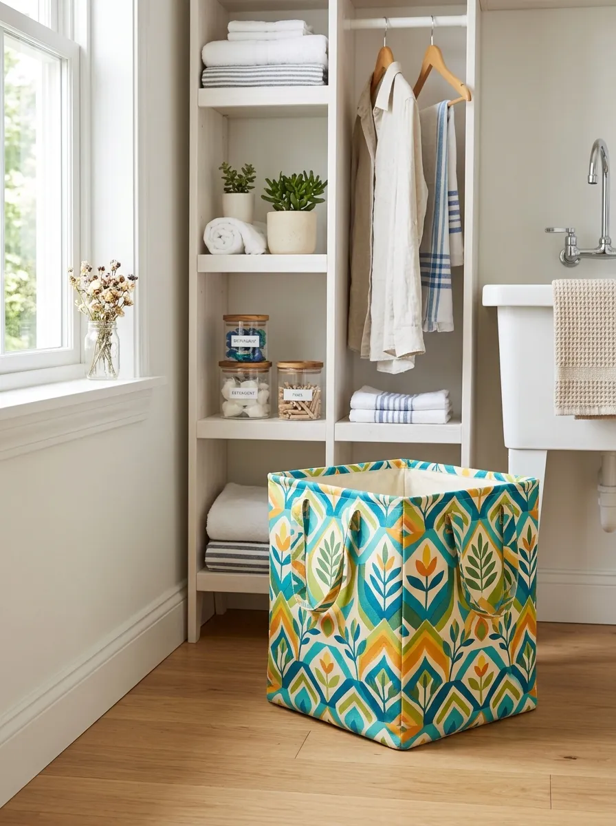 A real-life photo of a colorful fabric pop-up cube laundry hamper neatly placed in a bright, small organized laundry corner, clean floor, bright natural light, vibrant pattern, beautifully arranged and tidy space, stock photography style, no people.
