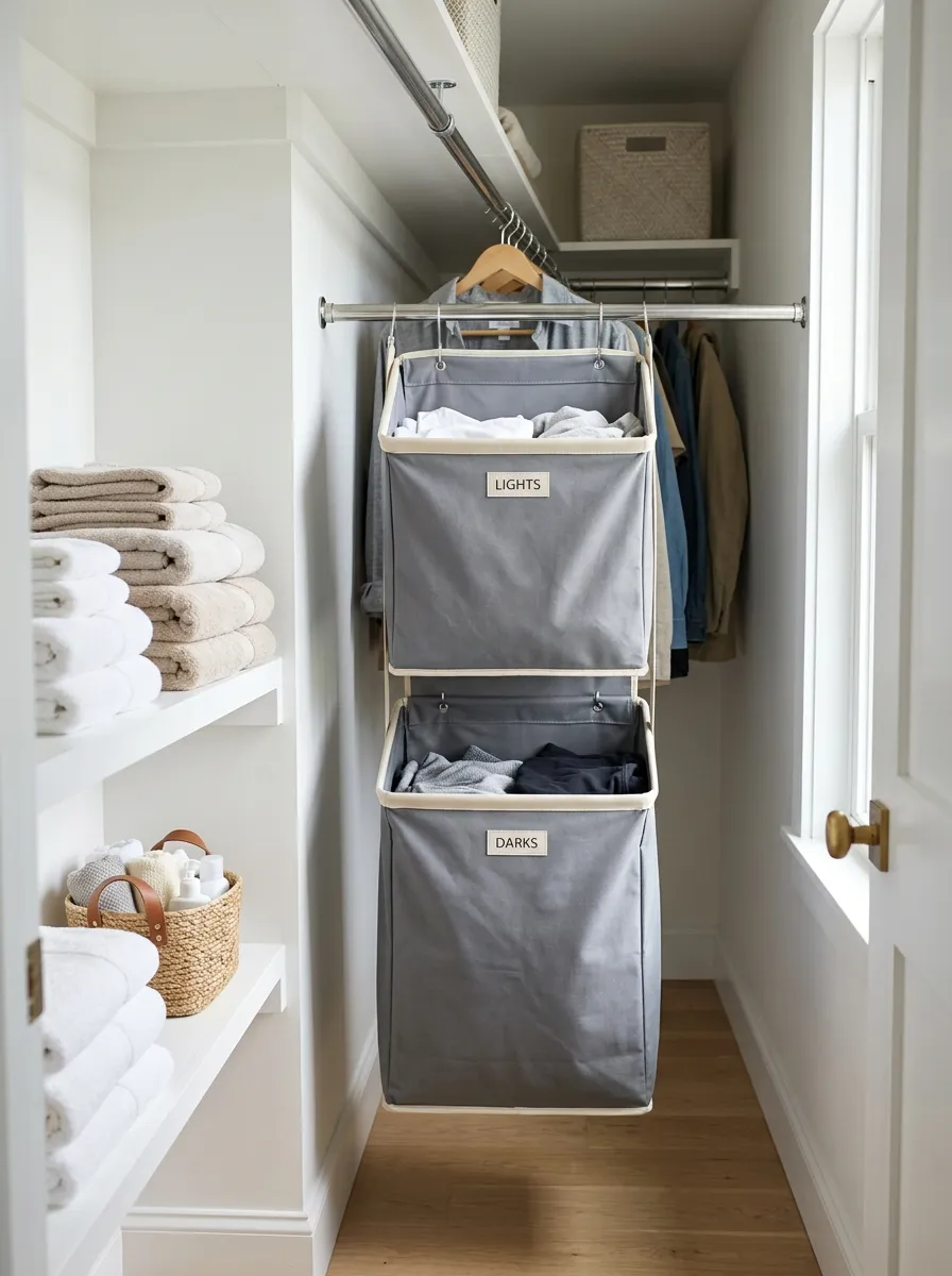 A real-life photo of a two-tier hanging laundry hamper neatly mounted on a rod inside a bright, organized narrow closet, folded towels visible on a nearby shelf, bright natural light, clean and tidy setup, stock photography style, no people.