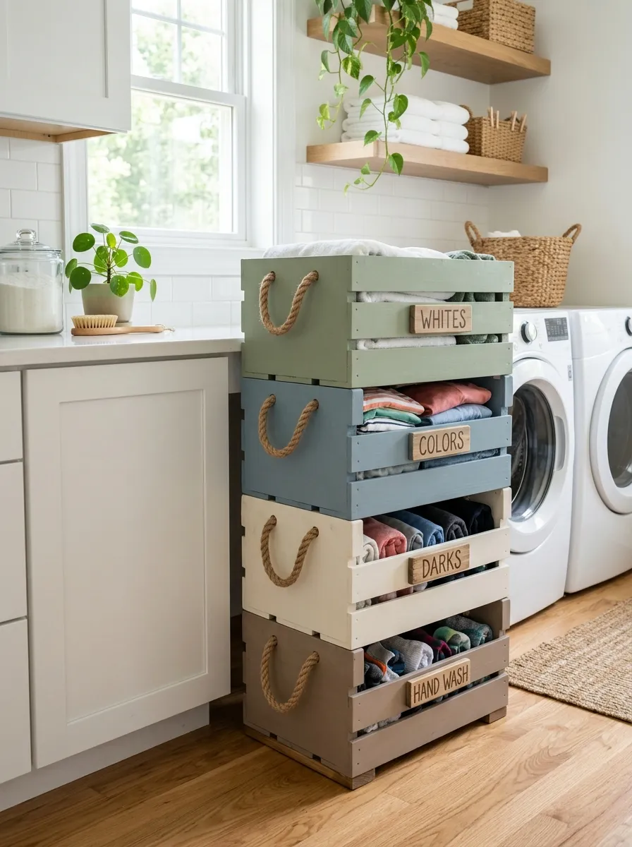 A real-life photo of stacked painted wooden crate laundry hampers in soft coordinated colors, neatly arranged in a bright organized laundry room, rope handles visible, bright natural light, vibrant and beautifully arranged DIY setup, stock photography style, no people.