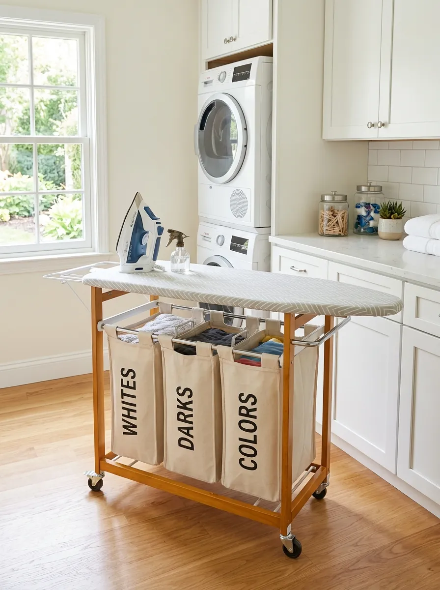 A real-life photo of a rolling laundry hamper with a fold-out ironing board top set up neatly in a bright, compact laundry room, clean floor, bright natural light, organized and functional space, beautifully arranged, stock photography style, no people.
