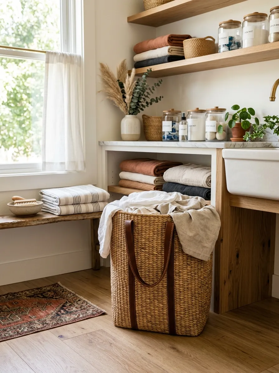A real-life photo of a woven belt strap laundry hamper with leather handles standing neatly in a warm, bright laundry room, wood tones and layered textiles nearby, bright natural light, beautifully arranged boho-luxe setup, stock photography style, no people.