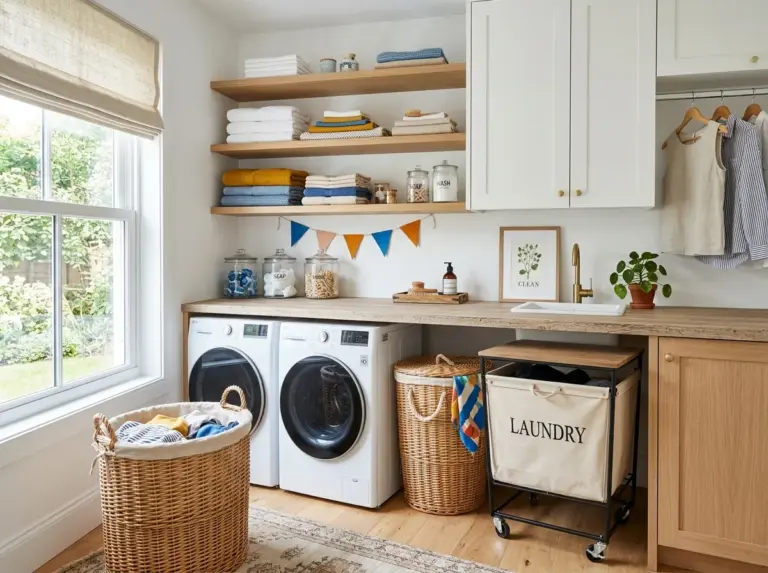 A real-life photo of a bright, beautifully organized laundry room featuring multiple stylish hamper ideas, including a woven basket and a canvas cart, neatly folded laundry stacked on shelves, clean white walls, bright natural light streaming in, vibrant color accents, Pinterest-worthy aesthetic, stock photography style, no people.