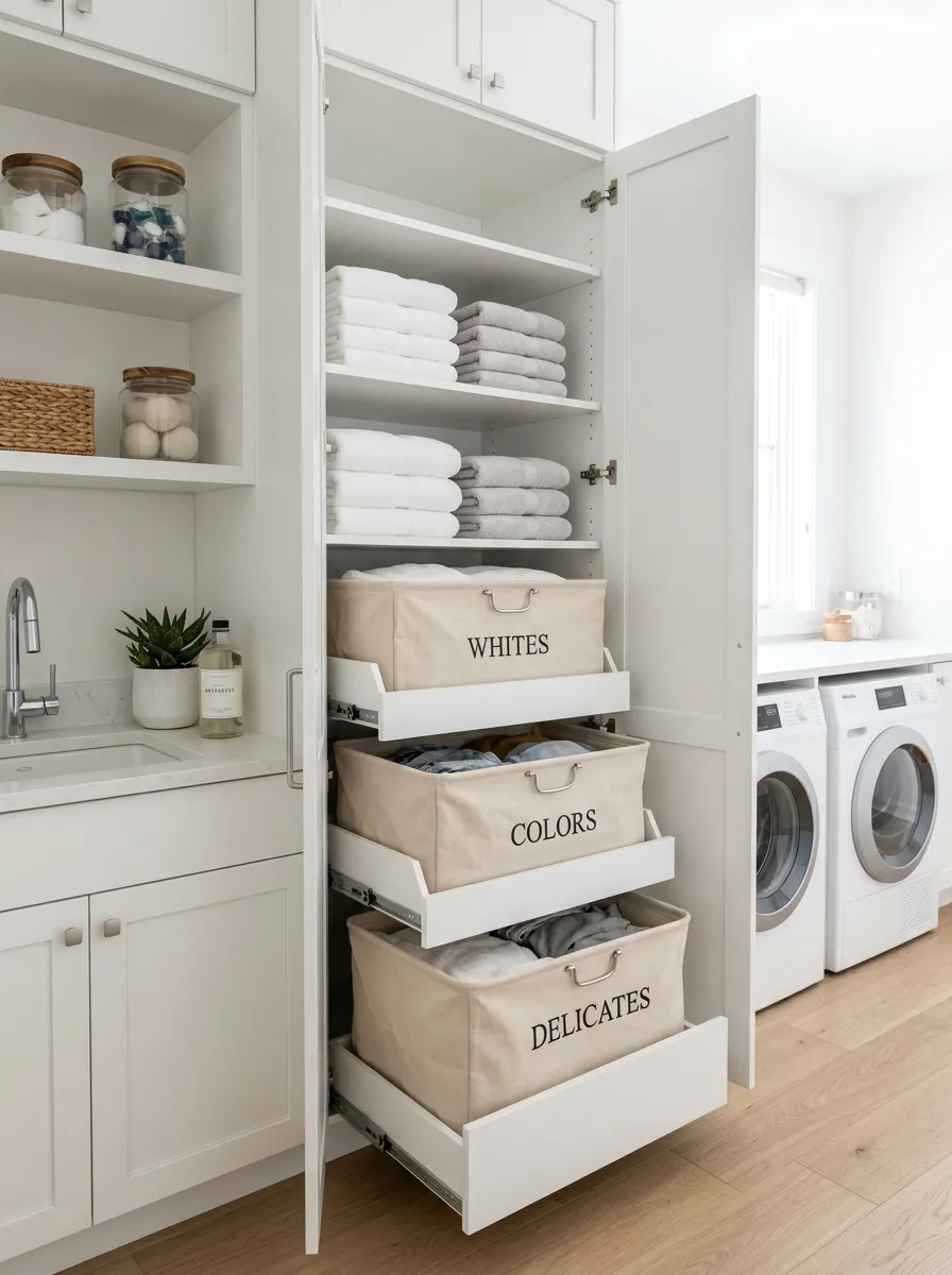A real-life photo of an open built-in laundry room cabinet revealing neatly organized pull-out canvas hamper bags, folded towels on nearby shelves, bright natural light, clean white cabinetry, organized and minimalist laundry room, beautifully arranged, stock photography style, no people.