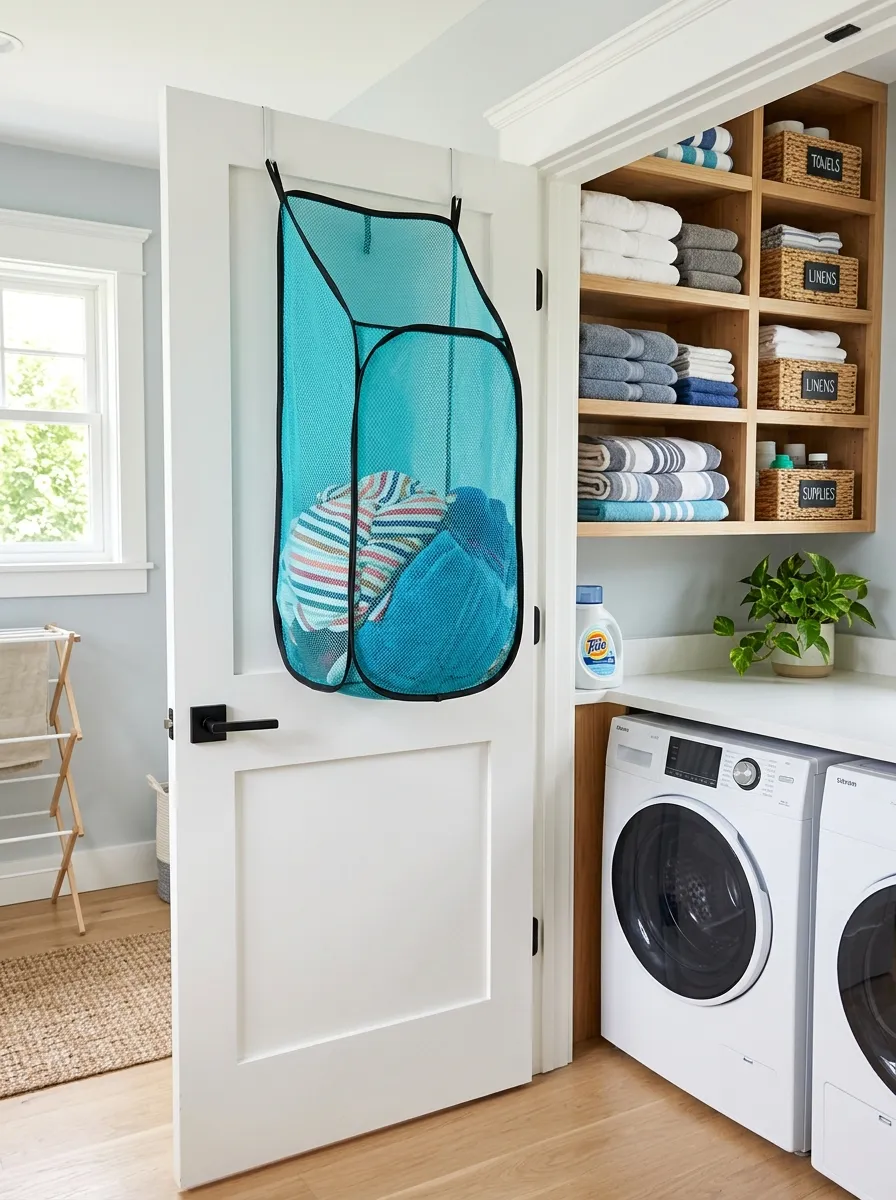 A real-life photo of a vibrant mesh laundry hamper hanging neatly on the back of a laundry room door, organized shelves with folded towels in the background, bright natural light, clean and tidy small laundry space, beautifully arranged, vibrant colors, stock photography style, no people.