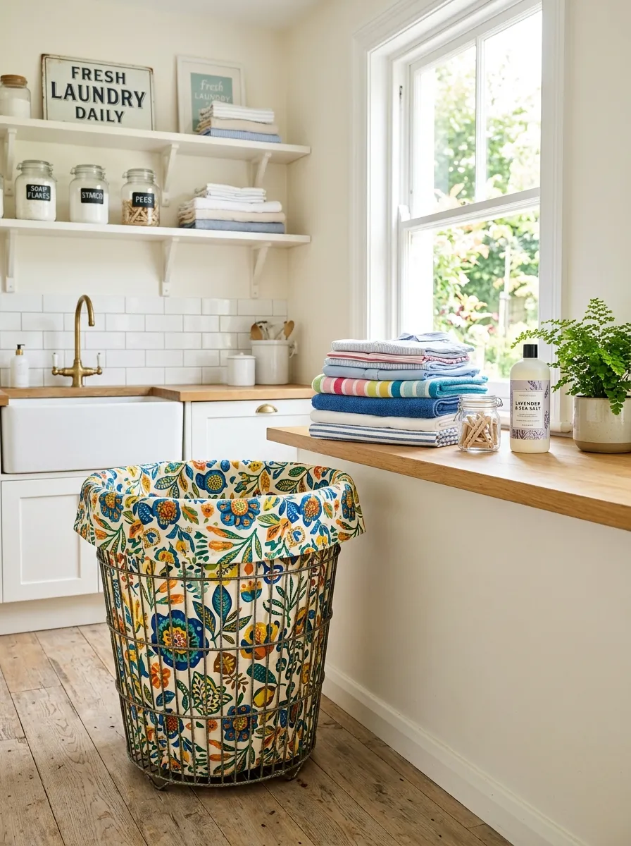 A real-life photo of a vintage wire basket laundry hamper with a bold patterned cotton liner, standing in a bright, organized laundry room, neatly folded clothes on a nearby counter, bright natural light, clean and beautifully arranged space, vibrant fabric accents, stock photography style, no people.