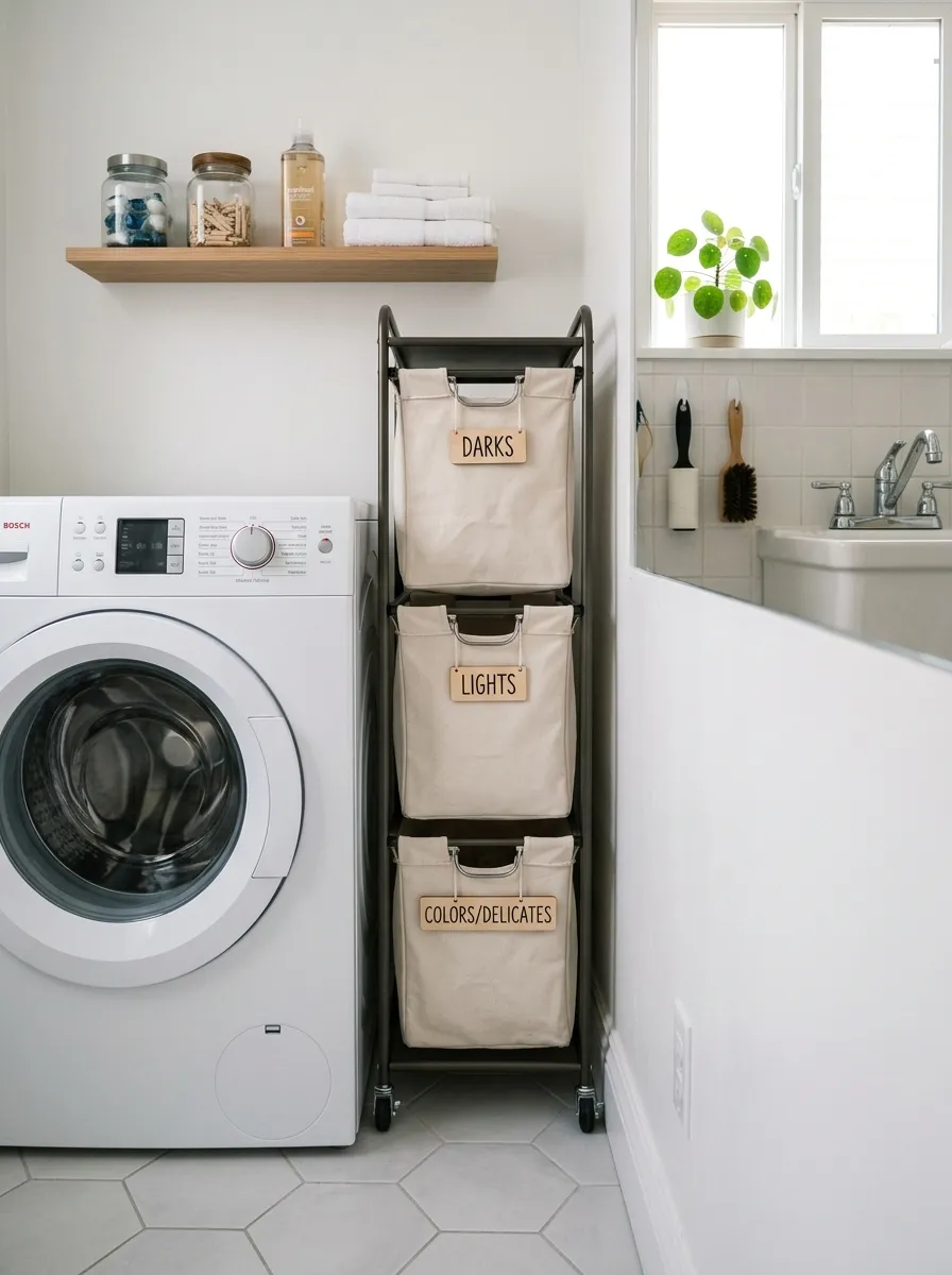 A real-life photo of a slim vertical triple-bin laundry hamper standing neatly beside a washing machine in a narrow laundry space, beautifully arranged labeled bins, clean tile floor, bright natural light, organized and tidy laundry room, stock photography style, no people.