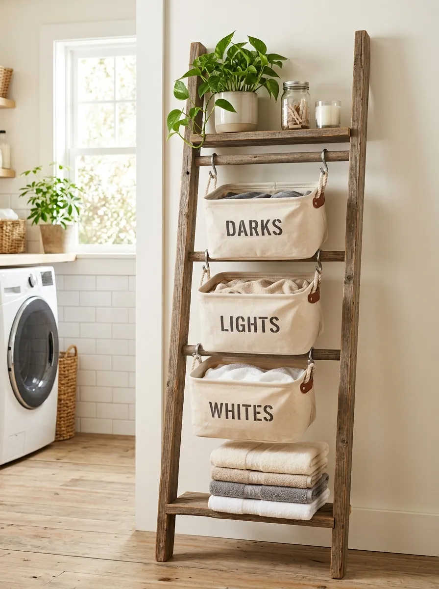 A real-life photo of a rustic wooden farmhouse ladder shelf holding three neatly hung canvas laundry hamper bags, folded towels and a small plant displayed on top, bright natural light, clean and beautifully arranged laundry room, warm vibrant tones, stock photography style, no people.