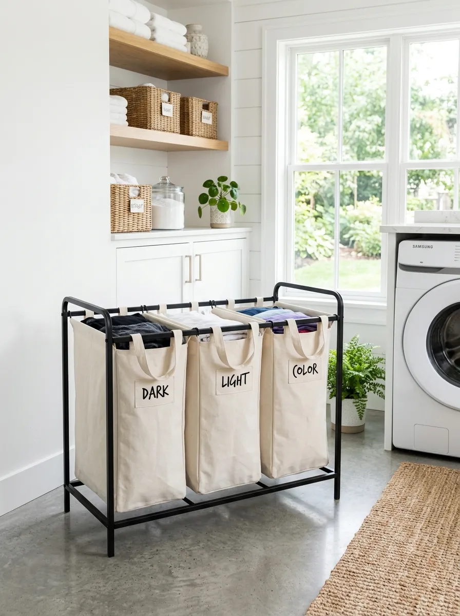 A real-life photo of a black metal frame triple laundry hamper with three neatly organized removable canvas bags, standing in a bright modern laundry room, clean concrete floor, bright natural light, minimalist and beautifully arranged space, stock photography style, no people.