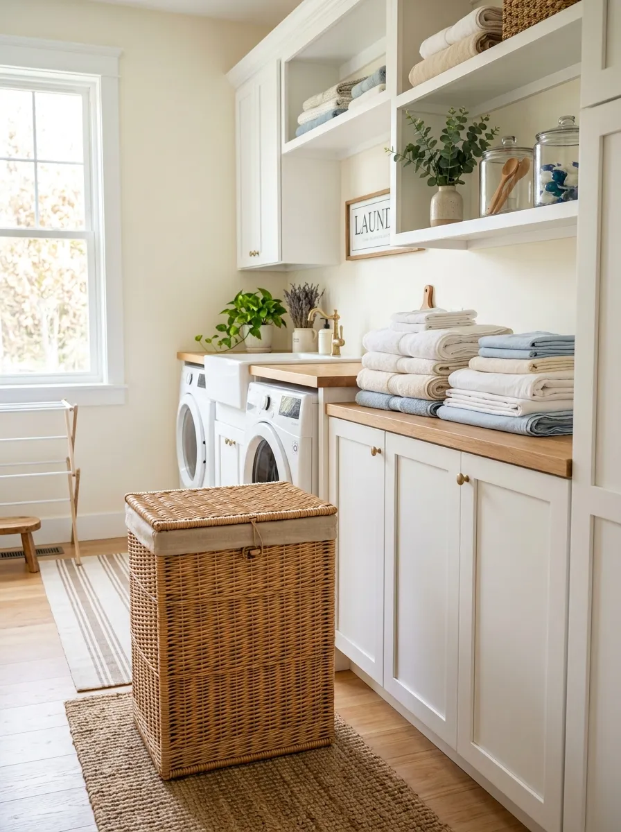 A real-life photo of a woven wicker laundry hamper with a hinged lid and hidden wheels, positioned neatly in a bright, organized laundry room, folded linens stacked nearby, bright natural light, clean and beautifully arranged classic decor, stock photography style, no people.