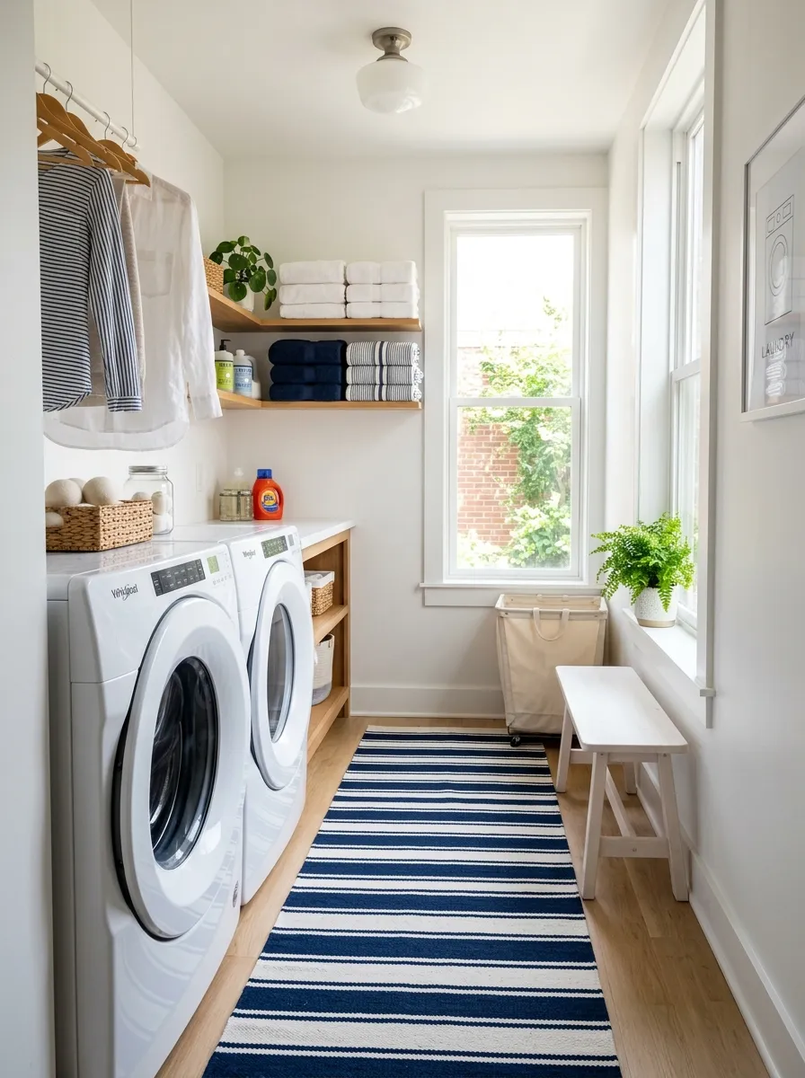 A real-life photo of a narrow laundry room with a navy and white striped cotton runner rug on the floor, front-loading washer and dryer neatly arranged, folded towels stacked nearby, bright natural light streaming through a window, clean and organized space, vibrant colors, high-resolution stock photography style, no illustration.