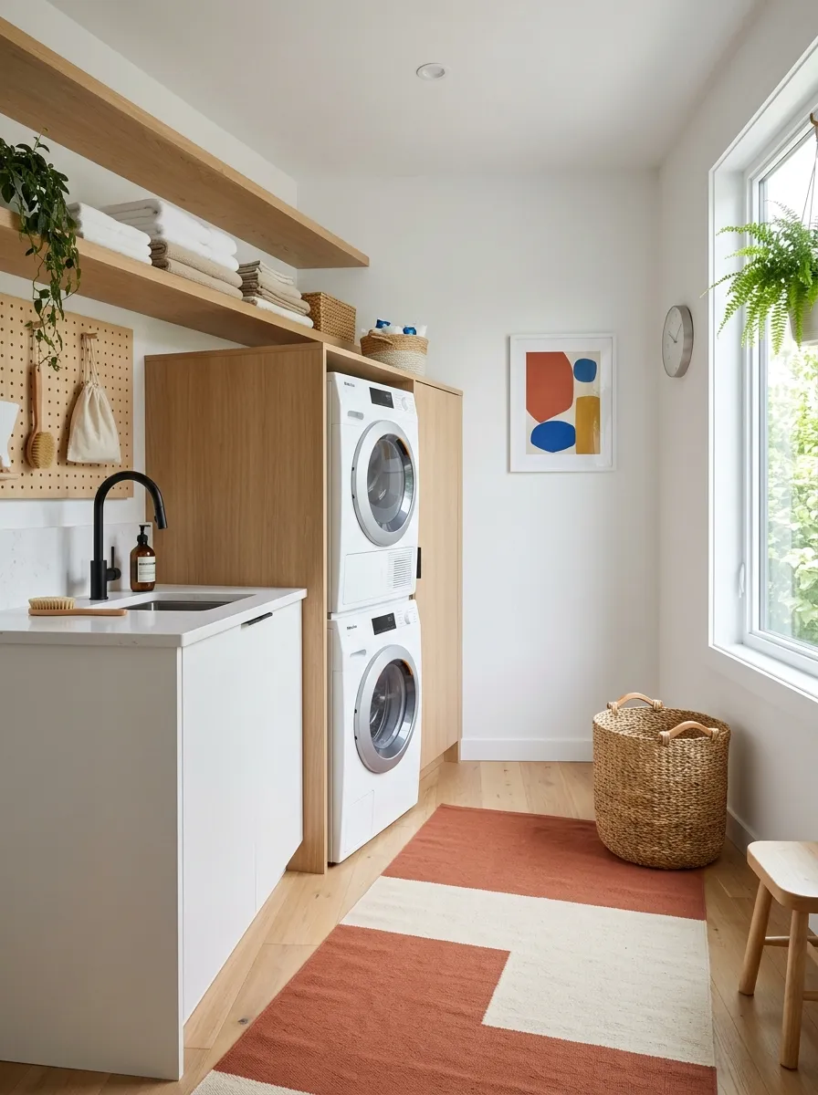 A real-life photo of a modern minimalist laundry room with a color-blocked two-tone rug in terracotta and cream on the floor, sleek washer and dryer neatly arranged, folded linens on an open shelf, bright natural light, clean and organized space, vibrant accent color, realistic stock photography style.