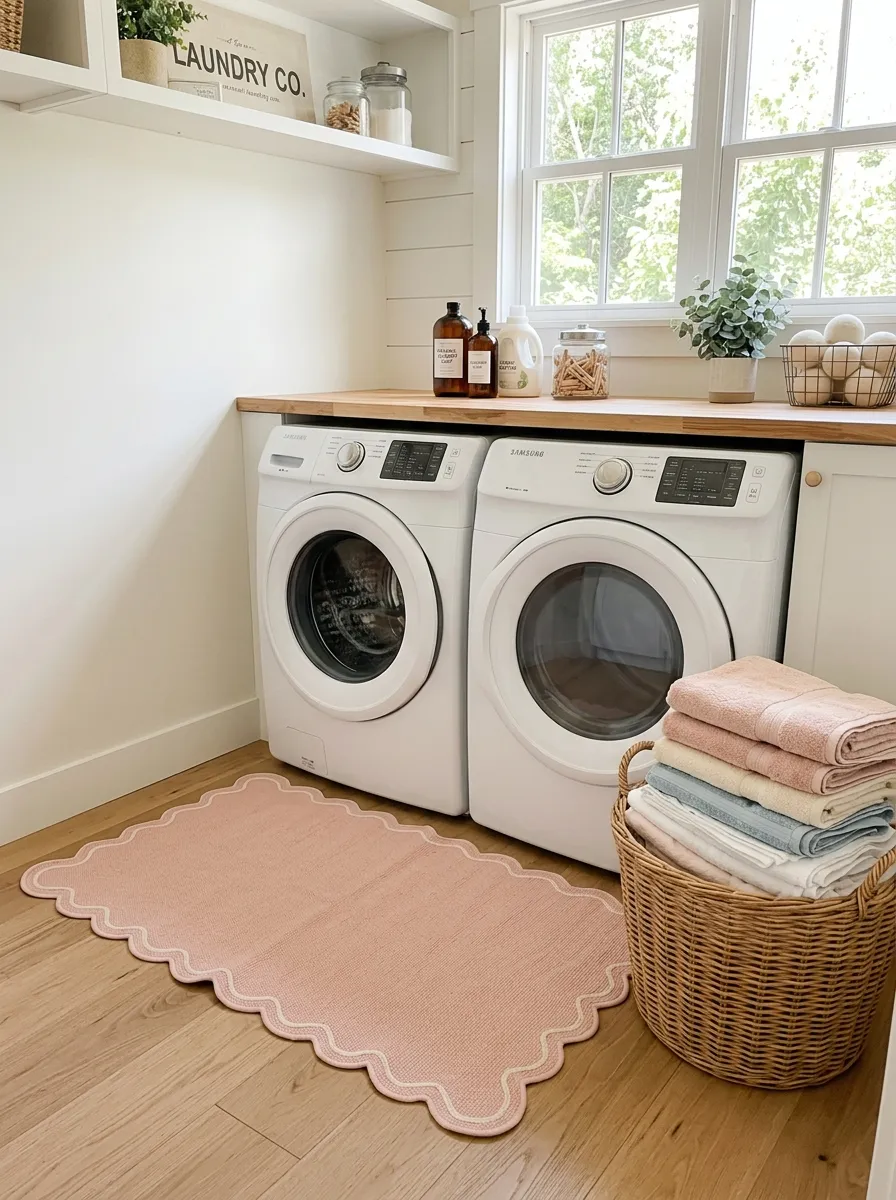A real-life photo of a laundry room with a blush pink scalloped-edge rug on the floor in front of a washer and dryer, neatly folded laundry stacked in a woven basket nearby, bright natural light, clean and beautifully arranged, vibrant soft colors, organized space, realistic stock photography style.