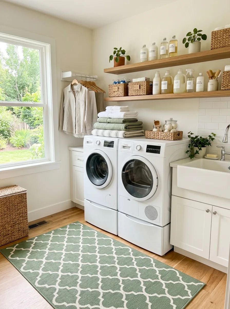 A real-life photo of a laundry room with a sage green trellis pattern rug on the floor, washer and dryer neatly arranged with folded linens stacked on top, open shelving with organized detergent bottles, bright natural light, clean and vibrant space, beautifully arranged, realistic stock photography style, no illustration.