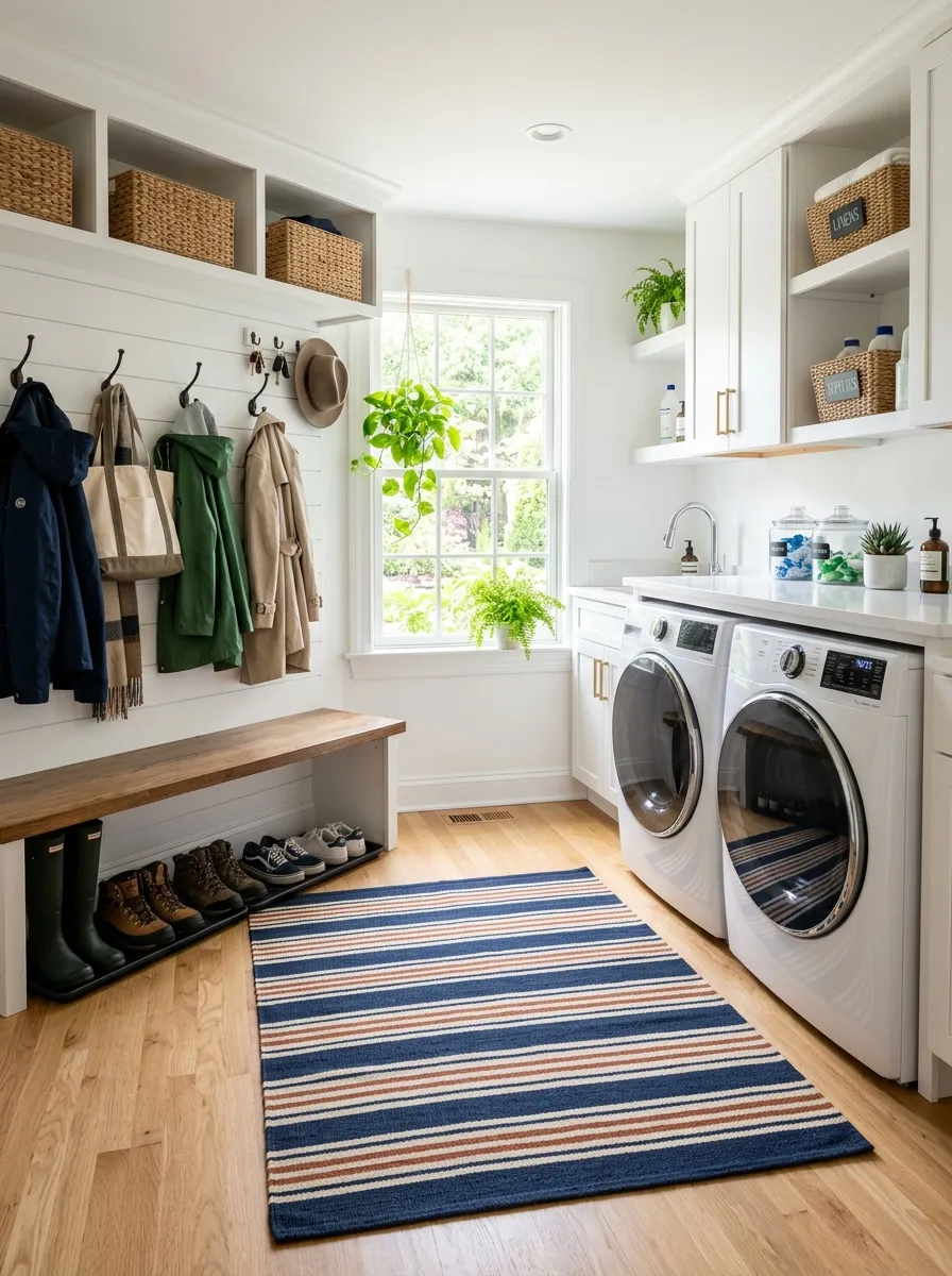 A real-life photo of a laundry room and mudroom combination with a reversible striped rug on the floor, boots and jackets neatly organized on hooks nearby, washer and dryer beautifully arranged in the background, bright natural light, clean and vibrant space, organized, realistic stock photography style, no illustration.