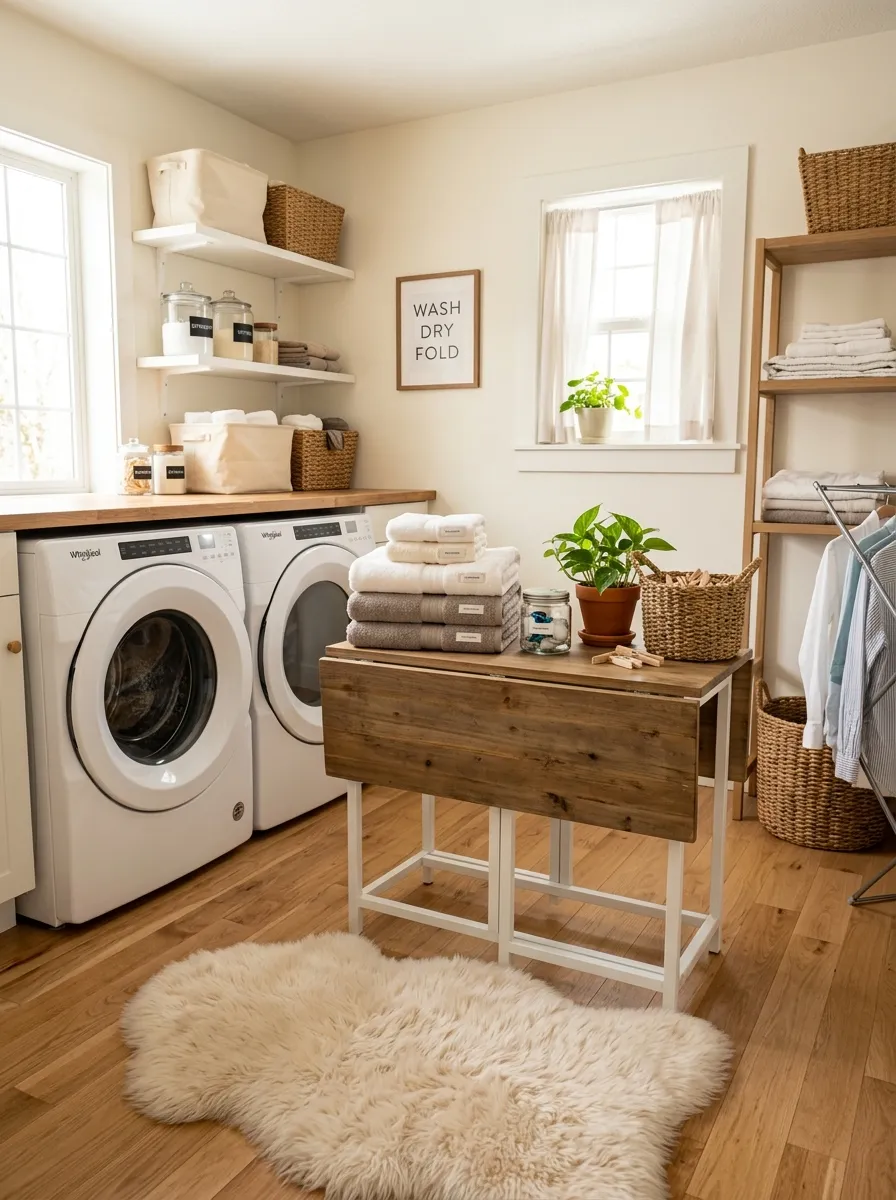 A real-life photo of a laundry room with a cream faux fur accent rug placed in front of a folding table, neatly folded towels stacked on top, washer and dryer organized nearby, bright natural light, clean and cozy space, vibrant warm tones, beautifully arranged, realistic stock photography style, no illustration.