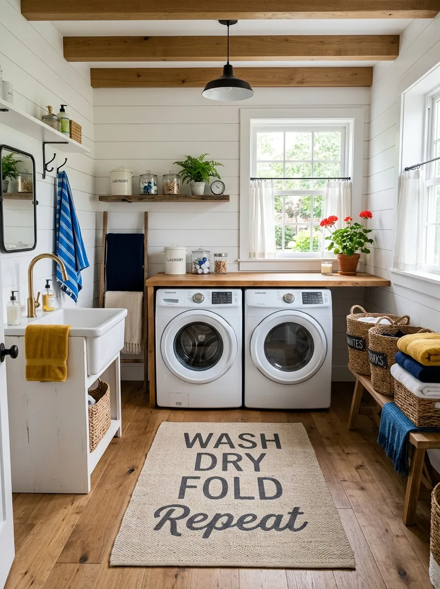 A real-life photo of a farmhouse-style laundry room with a neutral typography rug reading Wash Dry Fold on the floor, washer and dryer neatly arranged with folded laundry baskets nearby, bright natural light, clean and organized, vibrant accent colors, beautifully arranged, realistic stock photography style, no illustration.
