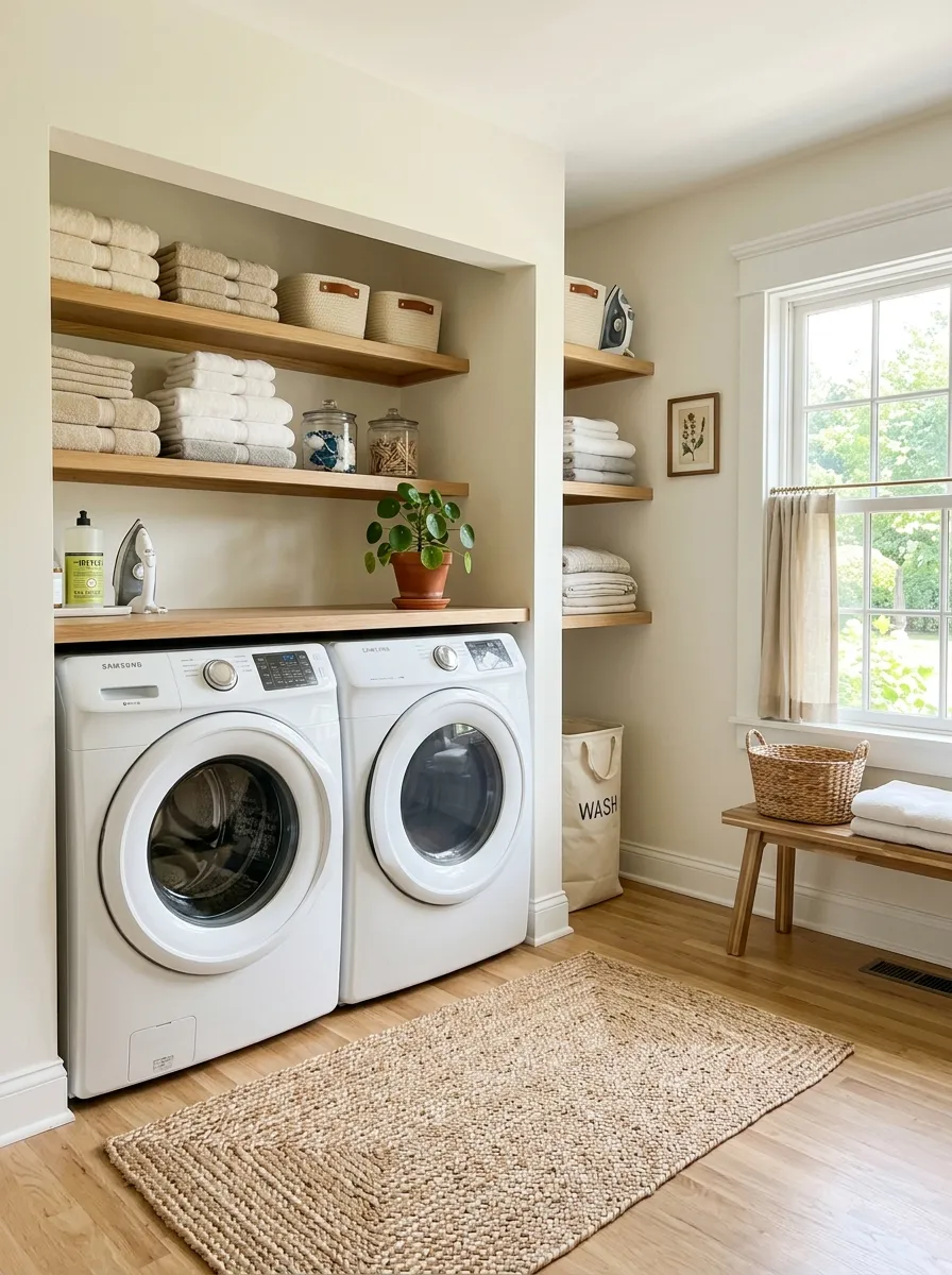 A real-life photo of a laundry room with a natural woven seagrass mat on the floor, washer and dryer neatly arranged, folded linen towels stacked on open wooden shelving, a small potted plant nearby, bright natural light, clean and organized space, vibrant natural tones, realistic stock photography style, no illustration.