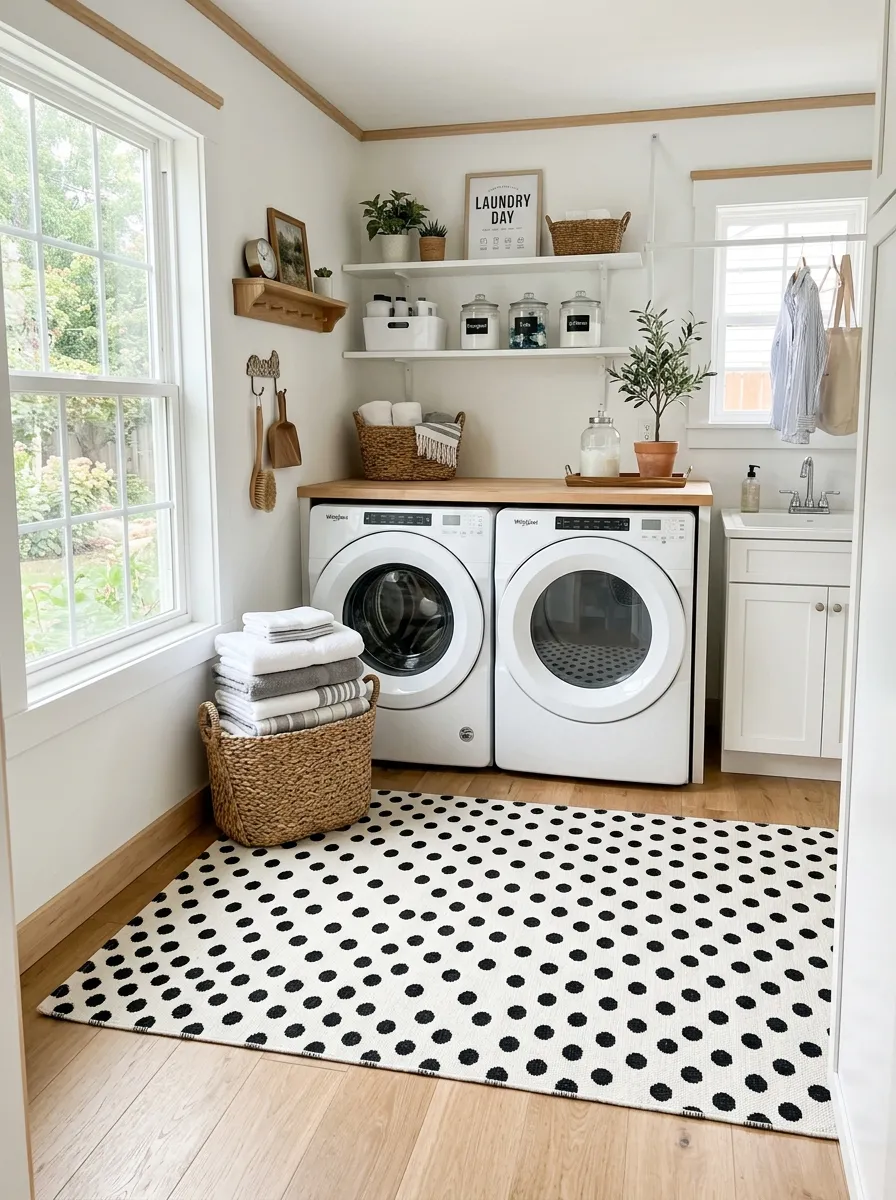 A real-life photo of a bright laundry room with a black and white polka dot rug on the floor, washer and dryer neatly arranged, folded towels stacked in a woven basket nearby, bright natural light, clean and vibrant space, beautifully arranged, organized, realistic stock photography style, no illustration.