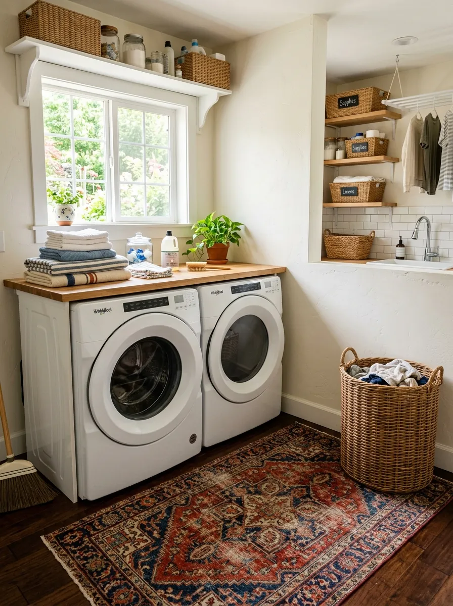 A real-life photo of a small laundry room featuring a vintage-inspired Persian rug in faded red and blue tones on the floor, washer and dryer neatly arranged with folded linens on top, a wicker laundry basket nearby, bright natural light, clean and organized, vibrant warm colors, stock photography style, realistic.