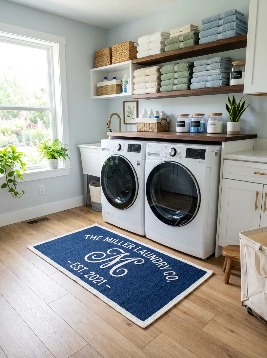 A real-life photo of a laundry room with a custom monogrammed rug on the floor in front of a washer and dryer, neatly folded towels stacked on a shelf, bright natural light, clean and organized space, vibrant colors, beautifully arranged, realistic stock photography style, no illustration.