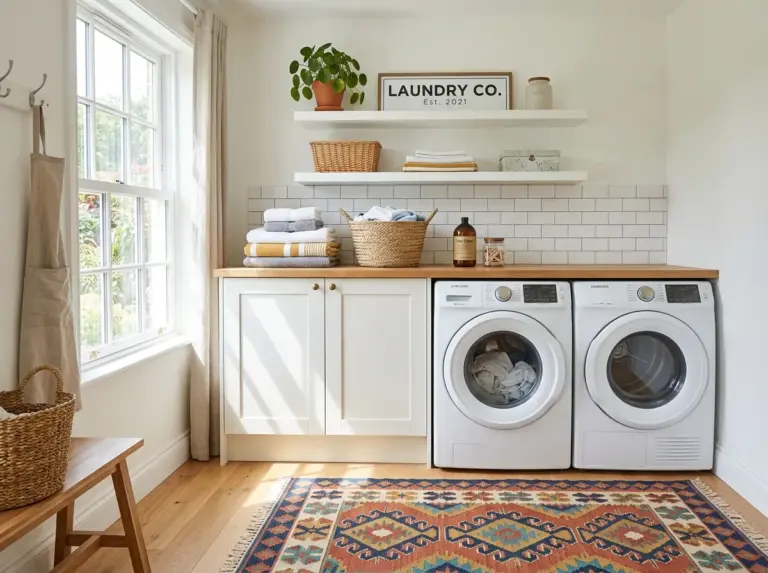 A real-life photo of a bright, stylish laundry room featuring a colorful patterned rug on the floor in front of a washer and dryer, neatly folded towels and laundry baskets beautifully arranged nearby, a potted plant for a natural touch, clean and organized space, bright natural light streaming through a window, vibrant colors, high-resolution stock photography style, no illustration or 3D render.