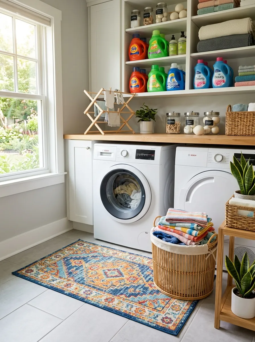 A real-life photo of a clean laundry room with a machine-washable multicolor patterned rug placed in front of the washing machine, a neatly folded laundry basket beside it, organized shelves with detergent bottles in the background, bright natural light, vibrant colors, beautifully arranged, realistic stock photography, no illustration.