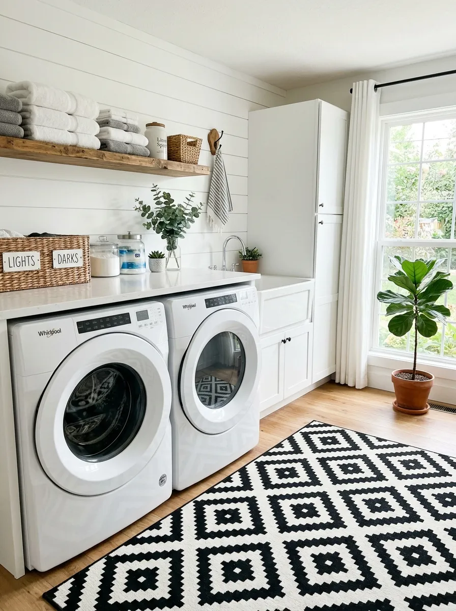 A real-life photo of a bright laundry room with a bold black and white geometric diamond rug on the floor, washer and dryer neatly arranged side by side, folded towels stacked in an open shelf, a potted plant in the corner, bright natural light, vibrant and clean aesthetic, organized space, stock photography style, realistic.