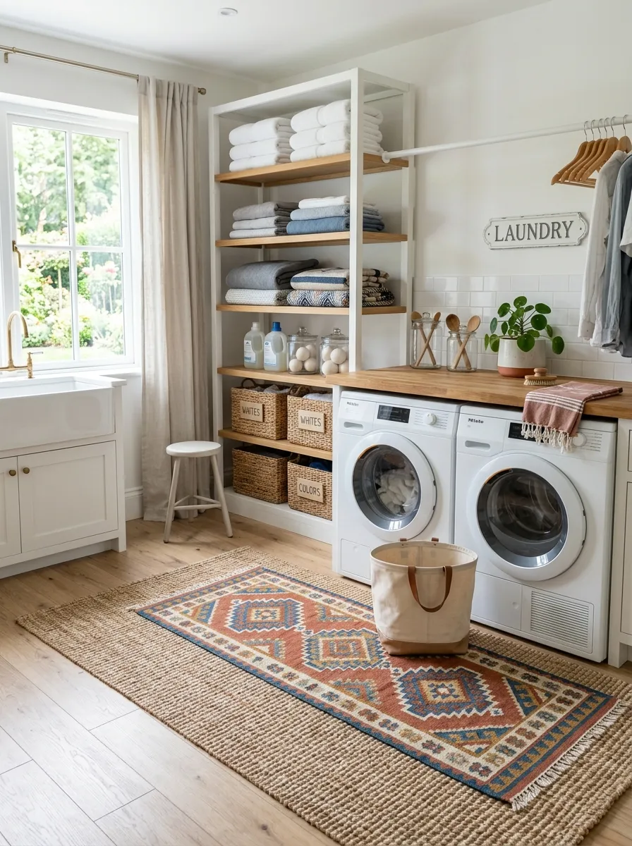 A real-life photo of a spacious laundry room featuring a layered rug look with a natural jute rug base and a smaller patterned runner on top, placed near a washer and dryer, neatly folded laundry stacked on a shelf, bright natural light, clean and beautifully arranged space, vibrant accent colors, realistic stock photography style.