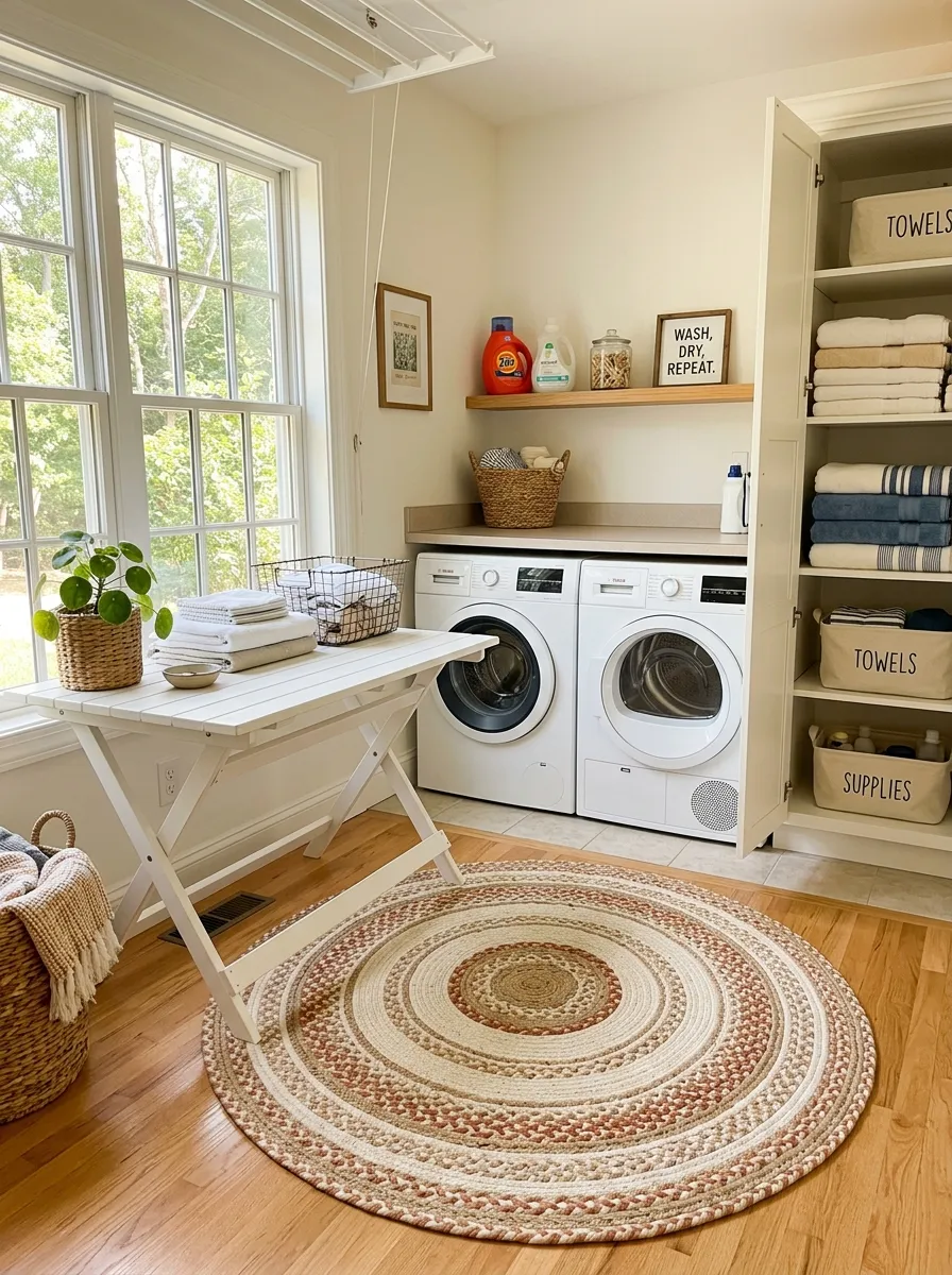 A real-life photo of a laundry room with a round braided cotton rug placed in front of a folding table, washer and dryer neatly arranged nearby, folded towels stacked in an open cabinet, bright natural light, clean and organized, vibrant warm tones, realistic stock photography style, no illustration.