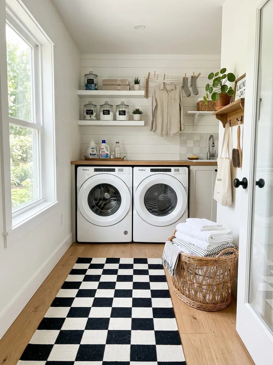 A real-life photo of a bright laundry room with a black and white checkerboard print rug near the entrance, washer and dryer neatly arranged in the background, a laundry basket beautifully arranged beside the door, bright natural light, clean and vibrant, organized space, realistic stock photography style, no illustration.