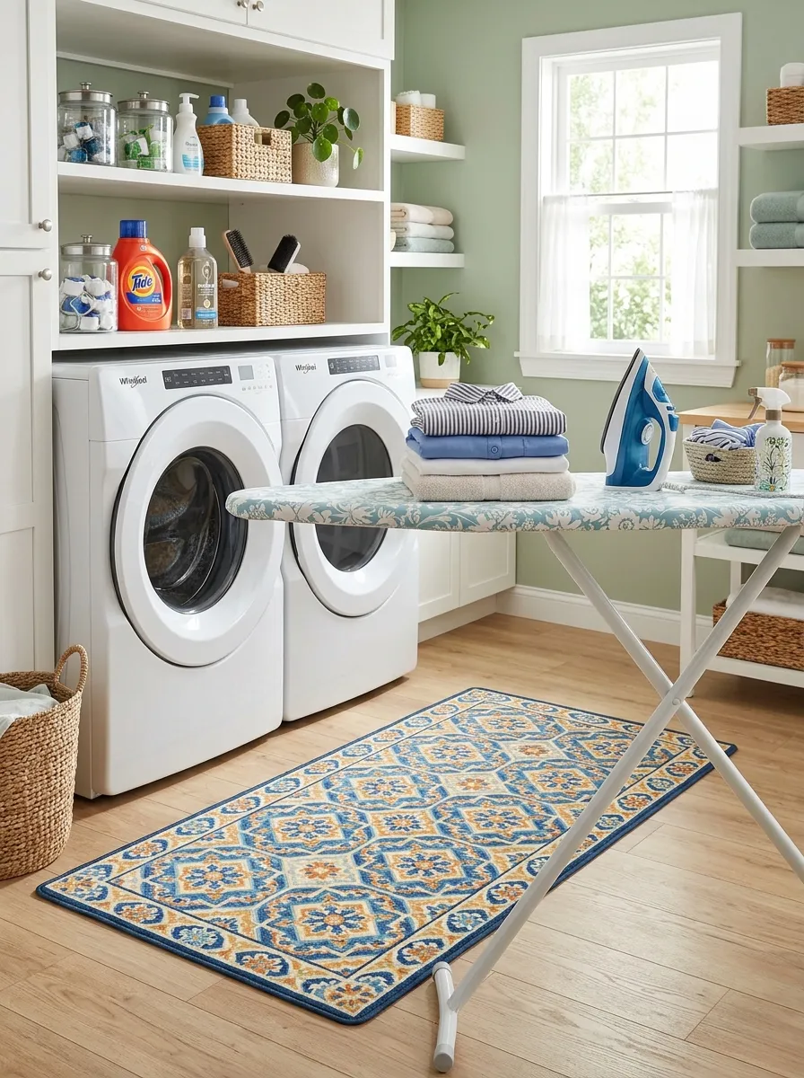 A real-life photo of a laundry room with a colorful patterned anti-fatigue rug placed in front of an ironing board, neatly folded clothes on the board, washer and dryer organized nearby, bright natural light, clean and vibrant space, beautifully arranged, realistic stock photography style, no illustration.