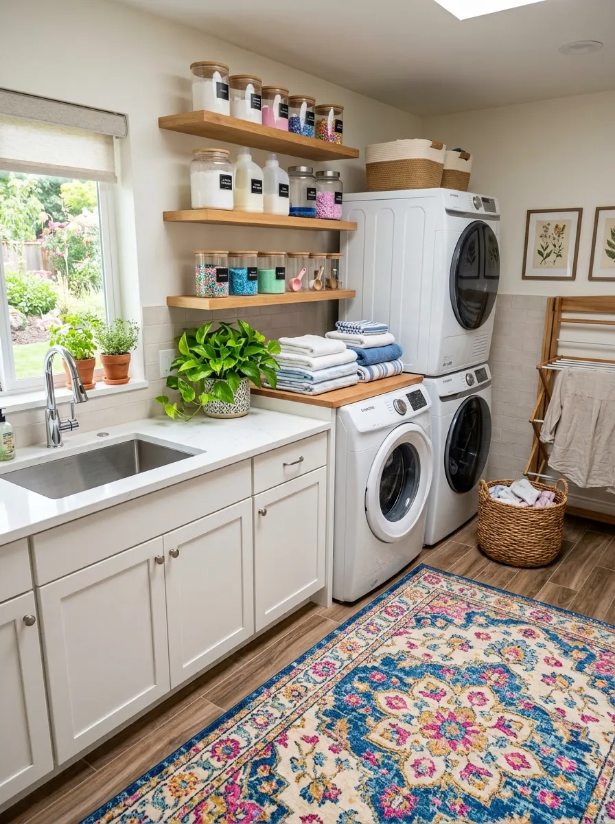 A real-life photo of a bright laundry room with a floral print rug on the floor, open shelving with glass jars of detergent neatly arranged above, folded towels stacked nearby, a small potted plant on the counter, bright natural light, vibrant colors, clean and organized, realistic stock photography style.