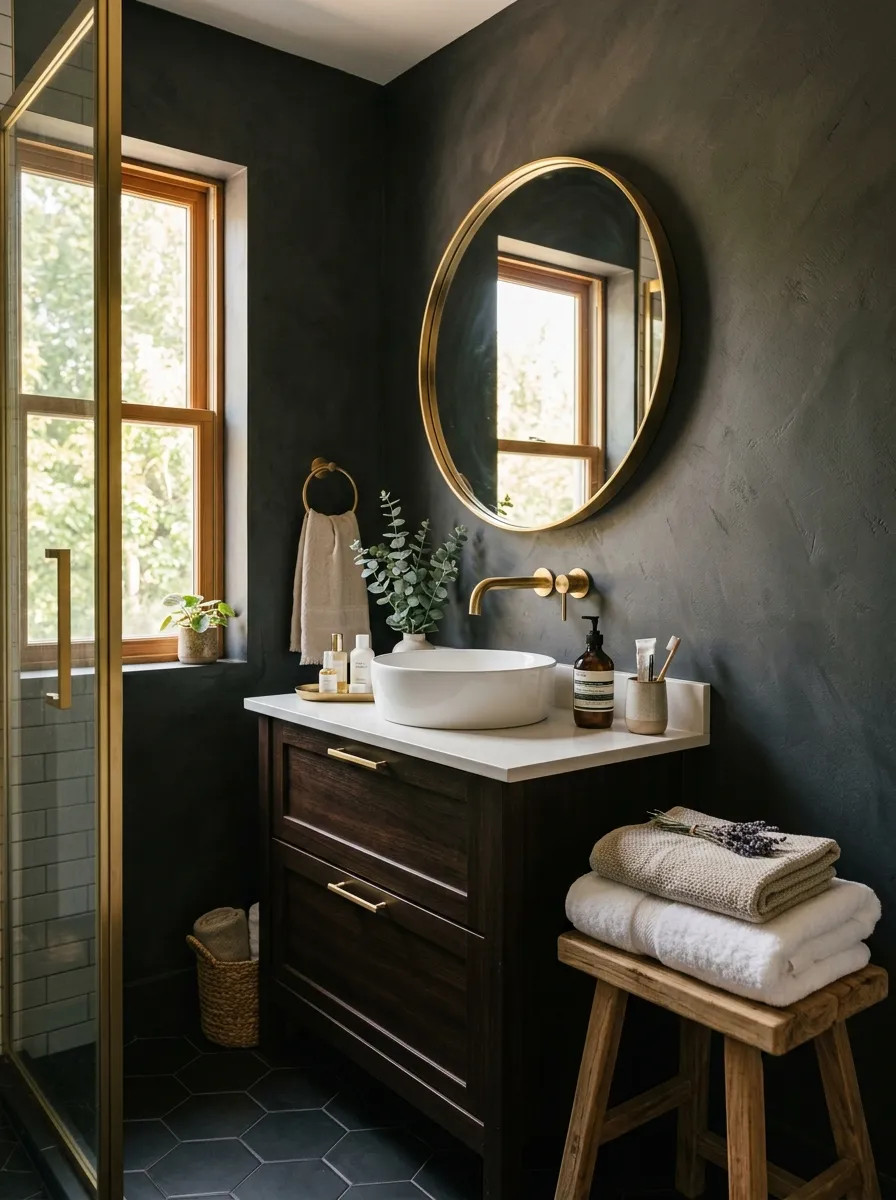 Real-life photograph of a small charcoal-walled bathroom with a brass faucet, round brass-framed mirror, and brass drawer pulls, neatly made towel folded on a wooden stool, beautifully arranged toiletries on the counter, organized and clean space, bright natural light streaming through a window, vibrant warm tones, cozy moody atmosphere, photorealistic stock photo style.