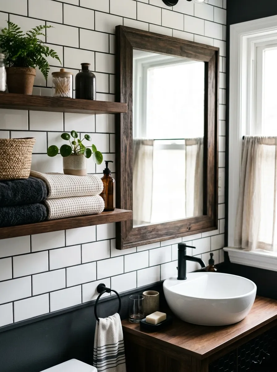 Real-life photograph of a bathroom with white subway tile and dark grout lines, black faucet fixtures, dark wood-framed mirror, neatly folded towels beautifully arranged on a shelf, organized and clean styling, bright natural light, vibrant black and white contrast, real home moody bathroom, photorealistic stock photo style.
