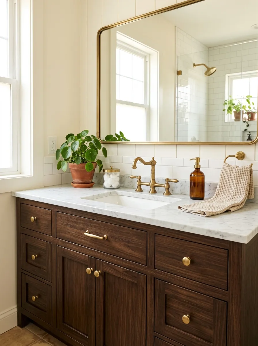 Real-life photograph of a bathroom with an espresso brown wood vanity, light marble countertop, brass hardware, small glass jar and potted plant neatly arranged on top, beautifully styled and organized, clean composition, bright natural light, vibrant warm brown tones, real home bathroom, photorealistic stock photo style.